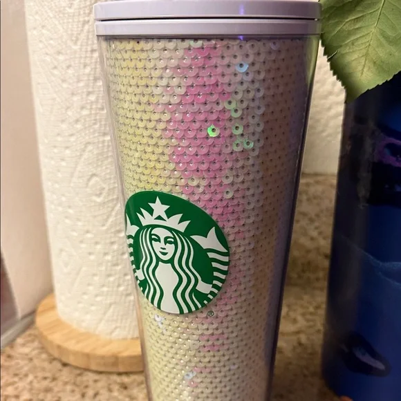 Starbucks | Sequin White Tumbler with Pink Straw and Green Logo - Picture 5 of 16